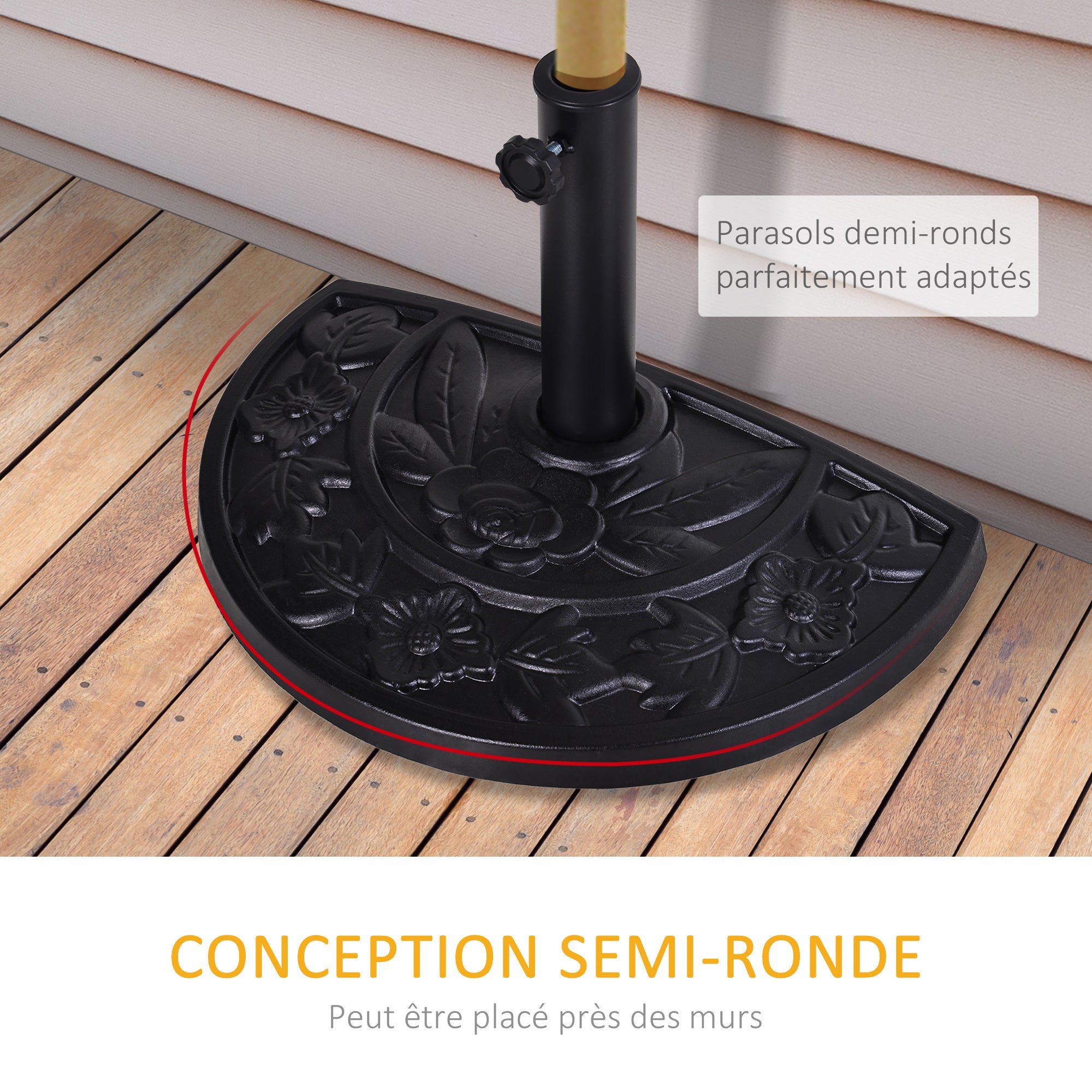 Umbrella Stand Half-Circle Base Weight Resin Cast Iron Look Flower Pattern with Tightening Knob, 50L x 31W x 32H cm, Black