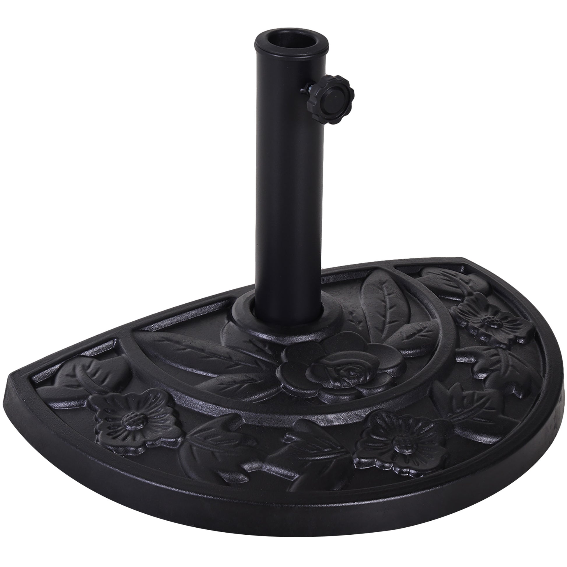 Umbrella Stand Half-Circle Base Weight Resin Cast Iron Look Flower Pattern with Tightening Knob, 50L x 31W x 32H cm, Black