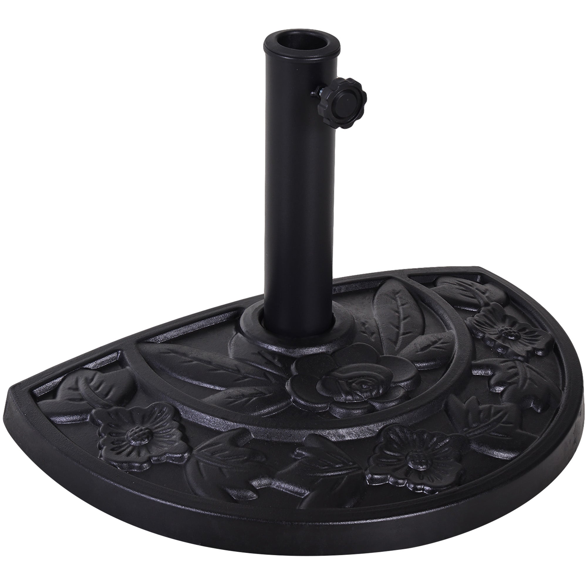Umbrella Stand Half-Circle Base Weight Resin Cast Iron Look Flower Pattern with Tightening Knob, 50L x 31W x 32H cm, Black