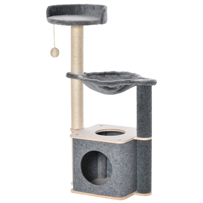 Cat Scratching Tree 48x34x95 cm Cat Tower with Hammock Platforms Removable Cave Hanging Ball and Sisal Posts Gray