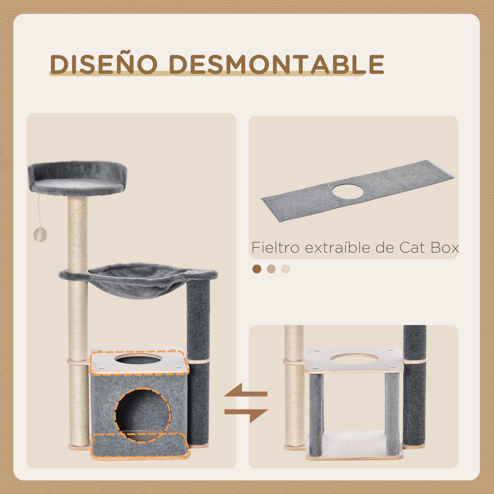 Cat Scratching Tree 48x34x95 cm Cat Tower with Hammock Platforms Removable Cave Hanging Ball and Sisal Posts Gray