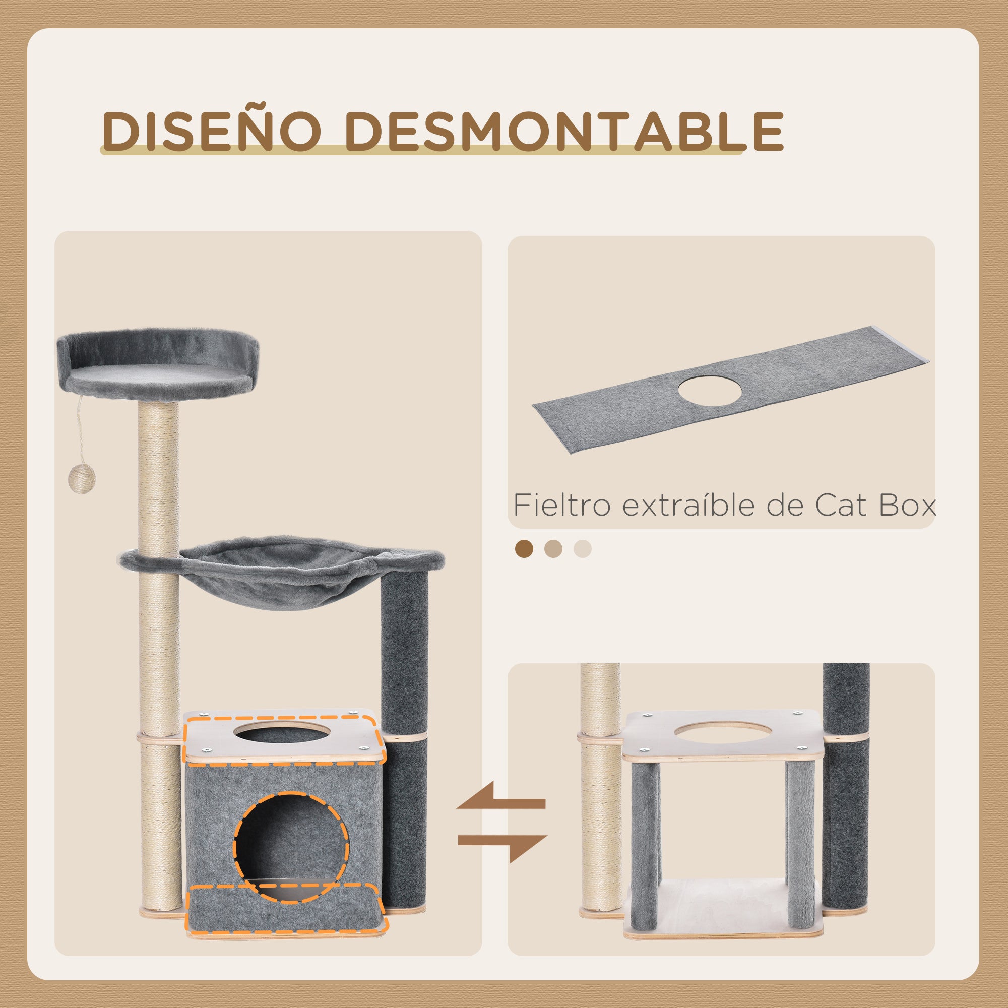 Cat Scratching Tree 48x34x95 cm Cat Tower with Hammock Platforms Removable Cave Hanging Ball and Sisal Posts Gray