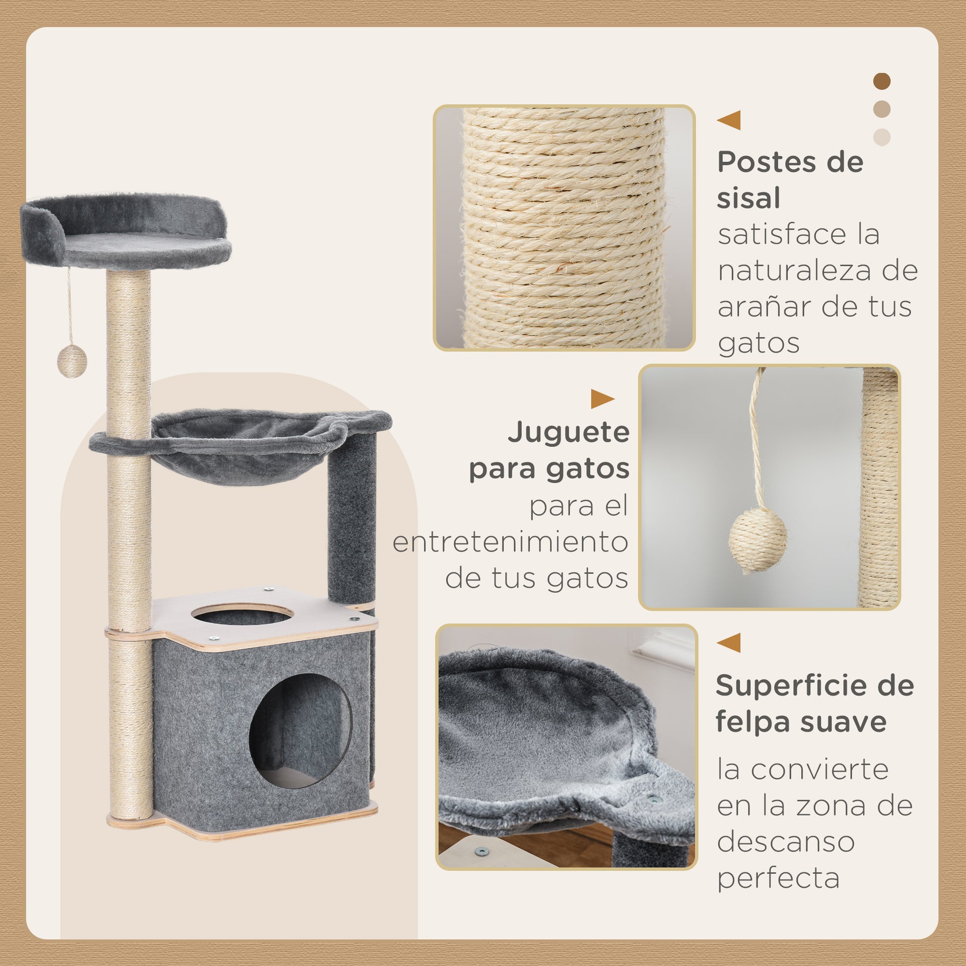Cat Scratching Tree 48x34x95 cm Cat Tower with Hammock Platforms Removable Cave Hanging Ball and Sisal Posts Gray