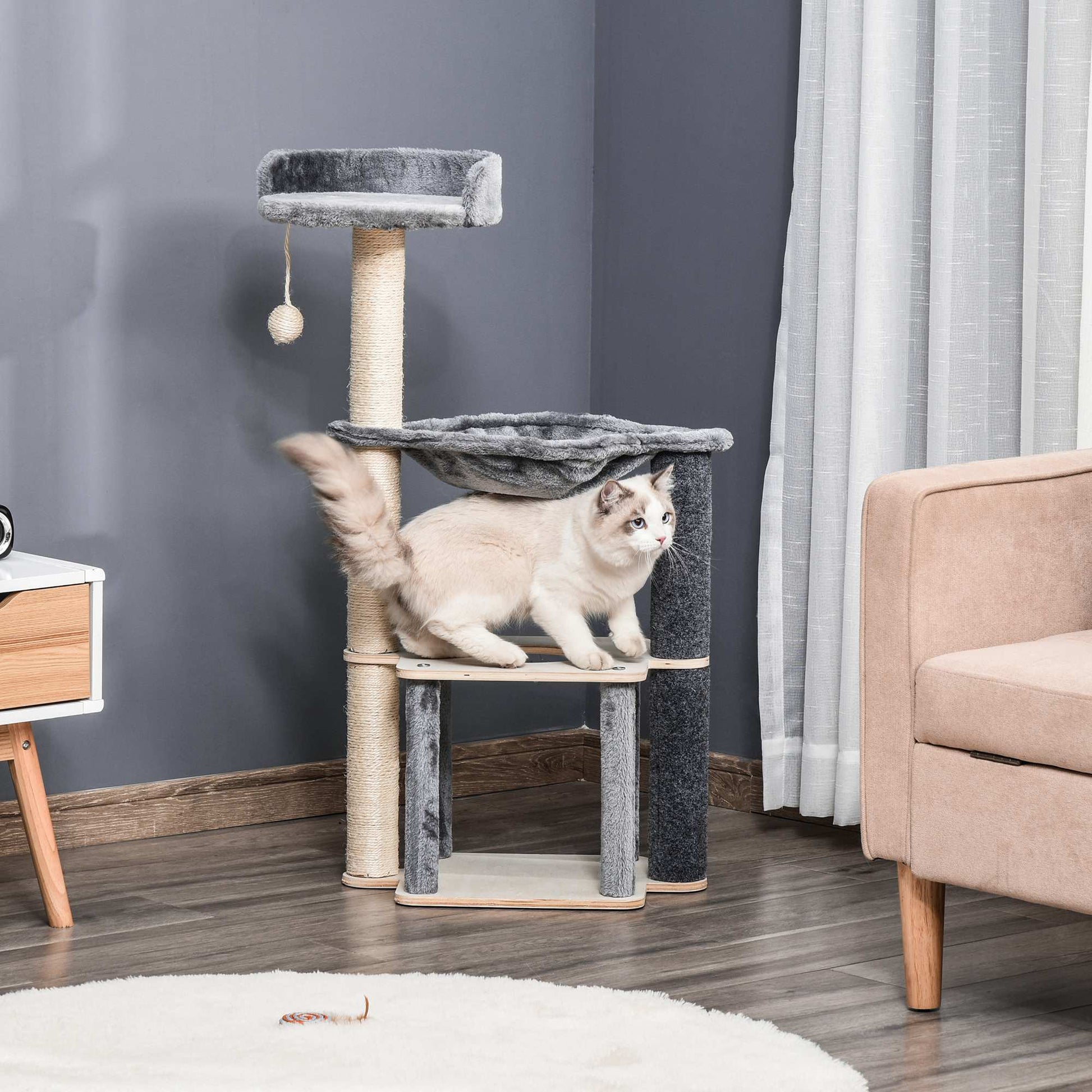 Cat Scratching Tree 48x34x95 cm Cat Tower with Hammock Platforms Removable Cave Hanging Ball and Sisal Posts Gray