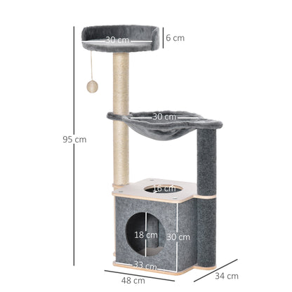 Cat Scratching Tree 48x34x95 cm Cat Tower with Hammock Platforms Removable Cave Hanging Ball and Sisal Posts Gray