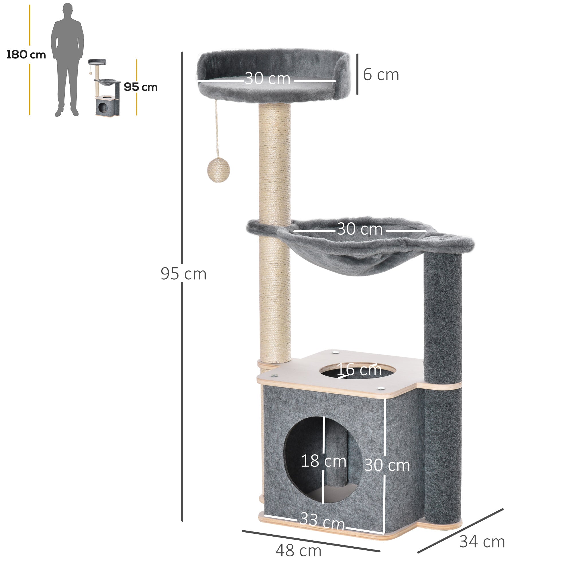 Cat Scratching Tree 48x34x95 cm Cat Tower with Hammock Platforms Removable Cave Hanging Ball and Sisal Posts Gray
