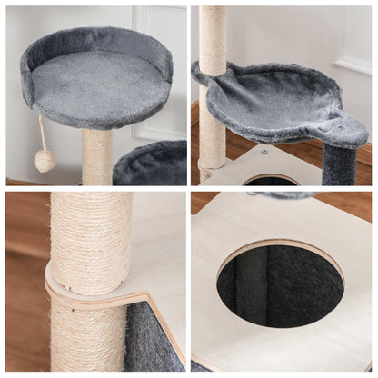 Cat Scratching Tree 48x34x95 cm Cat Tower with Hammock Platforms Removable Cave Hanging Ball and Sisal Posts Gray
