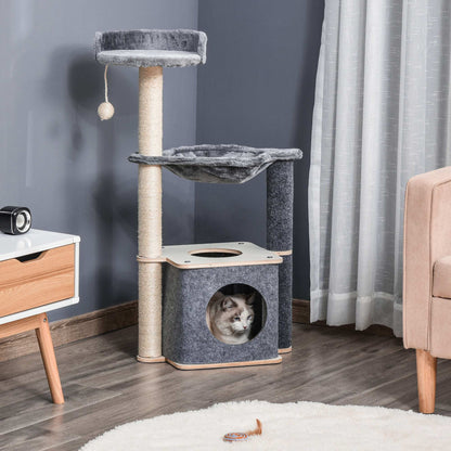 Cat Scratching Tree 48x34x95 cm Cat Tower with Hammock Platforms Removable Cave Hanging Ball and Sisal Posts Gray