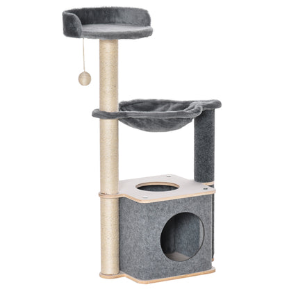 Cat Scratching Tree 48x34x95 cm Cat Tower with Hammock Platforms Removable Cave Hanging Ball and Sisal Posts Gray