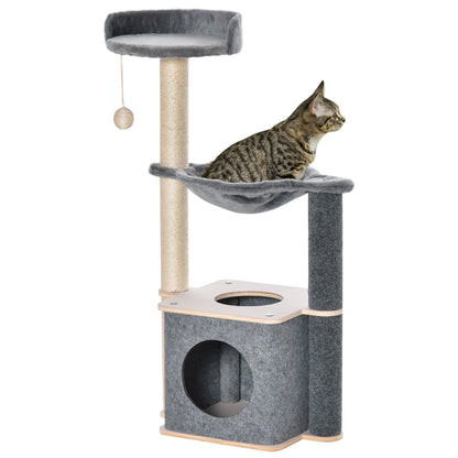 Cat Scratching Tree 48x34x95 cm Cat Tower with Hammock Platforms Removable Cave Hanging Ball and Sisal Posts Gray