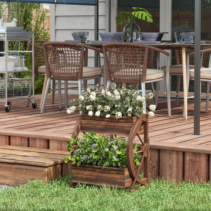 2-Tier Outdoor Wooden Planter, Raised Garden Bed with 2 Pots and Cart Wheels Country Style, 55x32x56cm