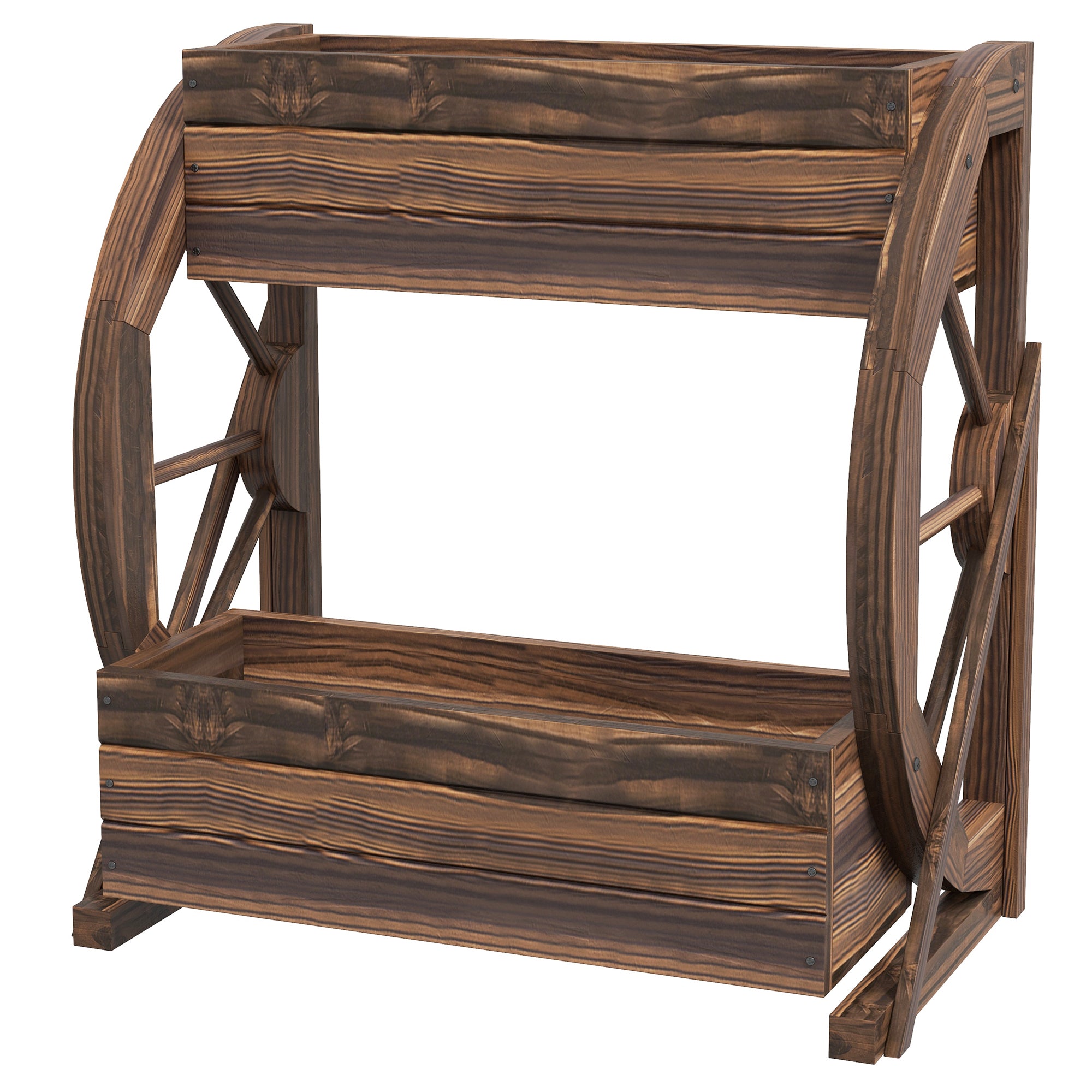 2-Tier Outdoor Wooden Planter, Raised Garden Bed with 2 Pots and Cart Wheels Country Style, 55x32x56cm