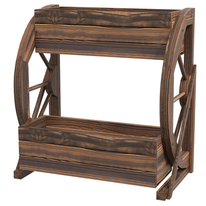 2-Tier Outdoor Wooden Planter, Raised Garden Bed with 2 Pots and Cart Wheels Country Style, 55x32x56cm