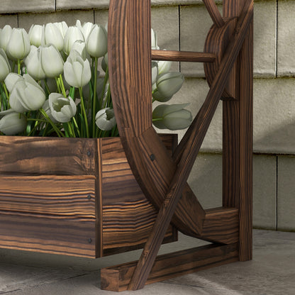 2-Tier Outdoor Wooden Planter, Raised Garden Bed with 2 Pots and Cart Wheels Country Style, 55x32x56cm