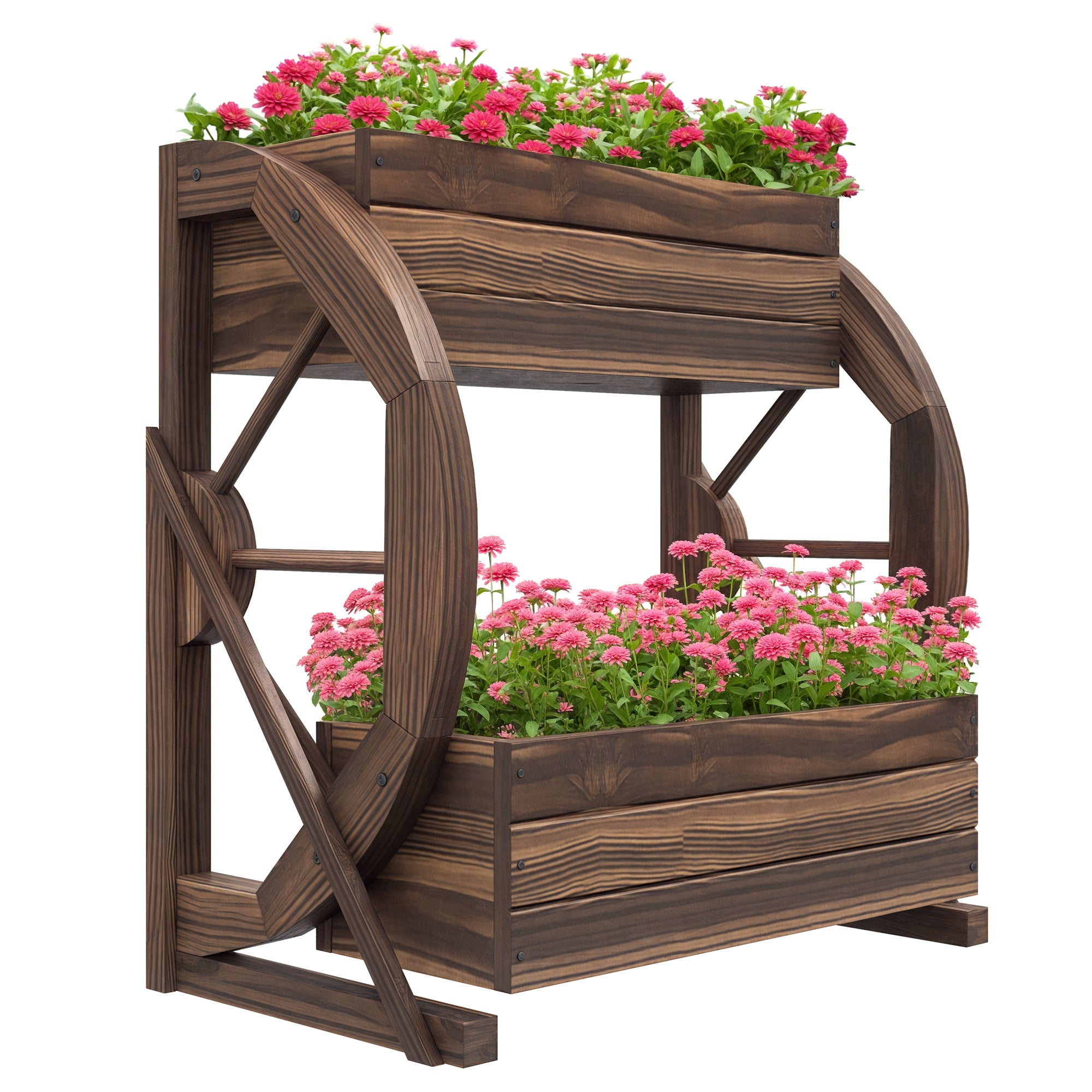 2-Tier Outdoor Wooden Planter, Raised Garden Bed with 2 Pots and Cart Wheels Country Style, 55x32x56cm