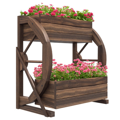 2-Tier Outdoor Wooden Planter, Raised Garden Bed with 2 Pots and Cart Wheels Country Style, 55x32x56cm