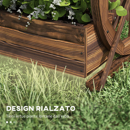 2-Tier Outdoor Wooden Planter, Raised Garden Bed with 2 Pots and Cart Wheels Country Style, 55x32x56cm
