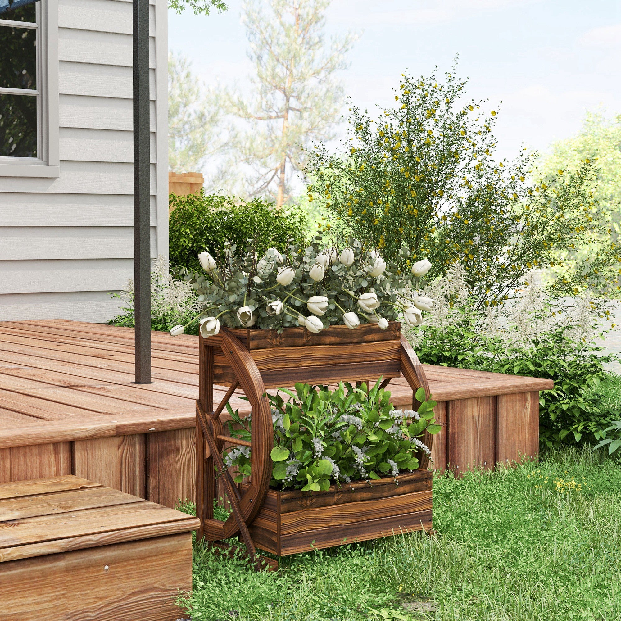 2-Tier Outdoor Wooden Planter, Raised Garden Bed with 2 Pots and Cart Wheels Country Style, 55x32x56cm