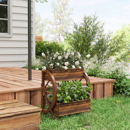 2-Tier Outdoor Wooden Planter, Raised Garden Bed with 2 Pots and Cart Wheels Country Style, 55x32x56cm