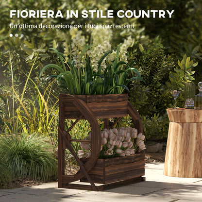 2-Tier Outdoor Wooden Planter, Raised Garden Bed with 2 Pots and Cart Wheels Country Style, 55x32x56cm