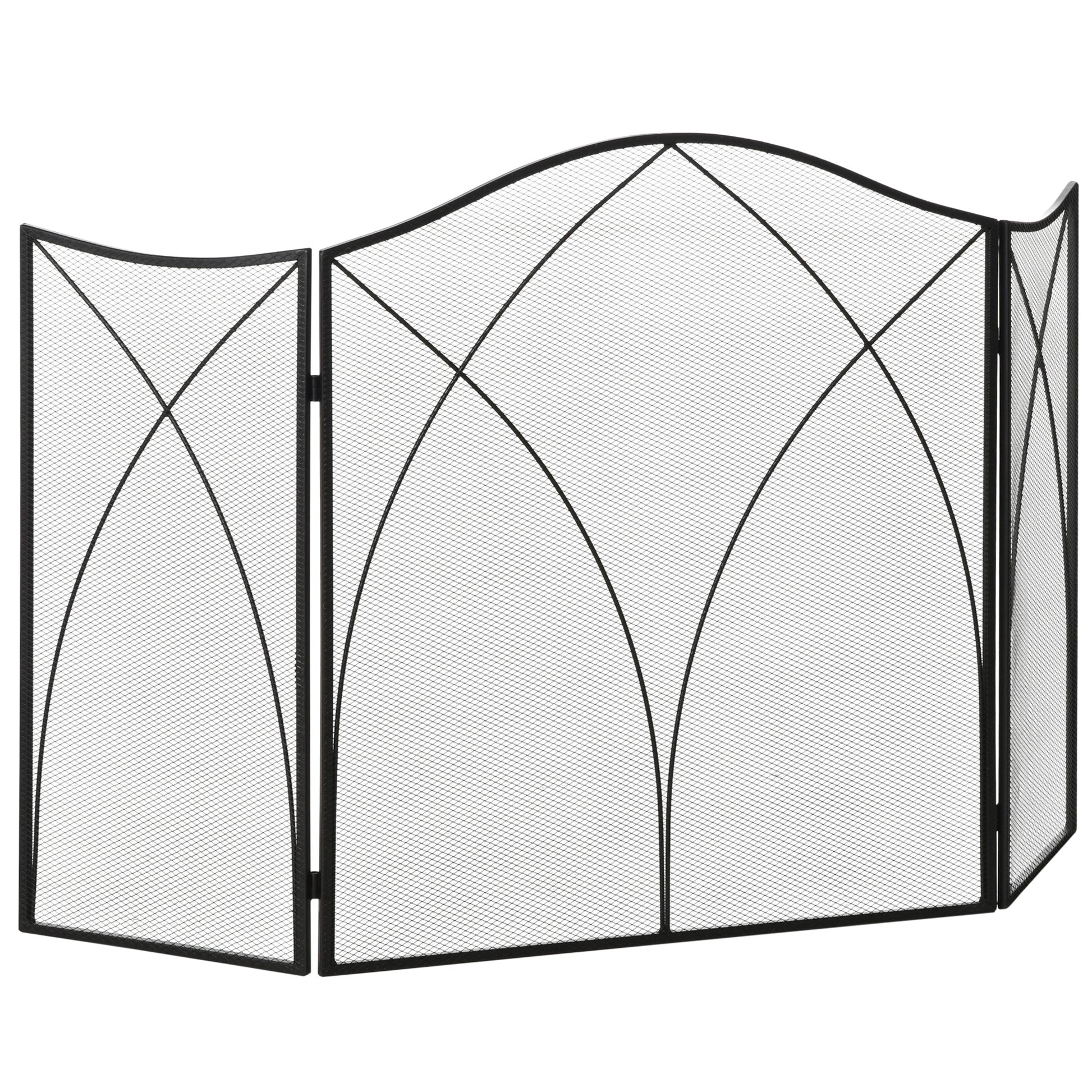 Fireplace Screen, Folding Fire Screen with 3 Panels, Hearth Guard, Spark Protection Screen for Living Room, Metal, 108 x 76 cm, Black