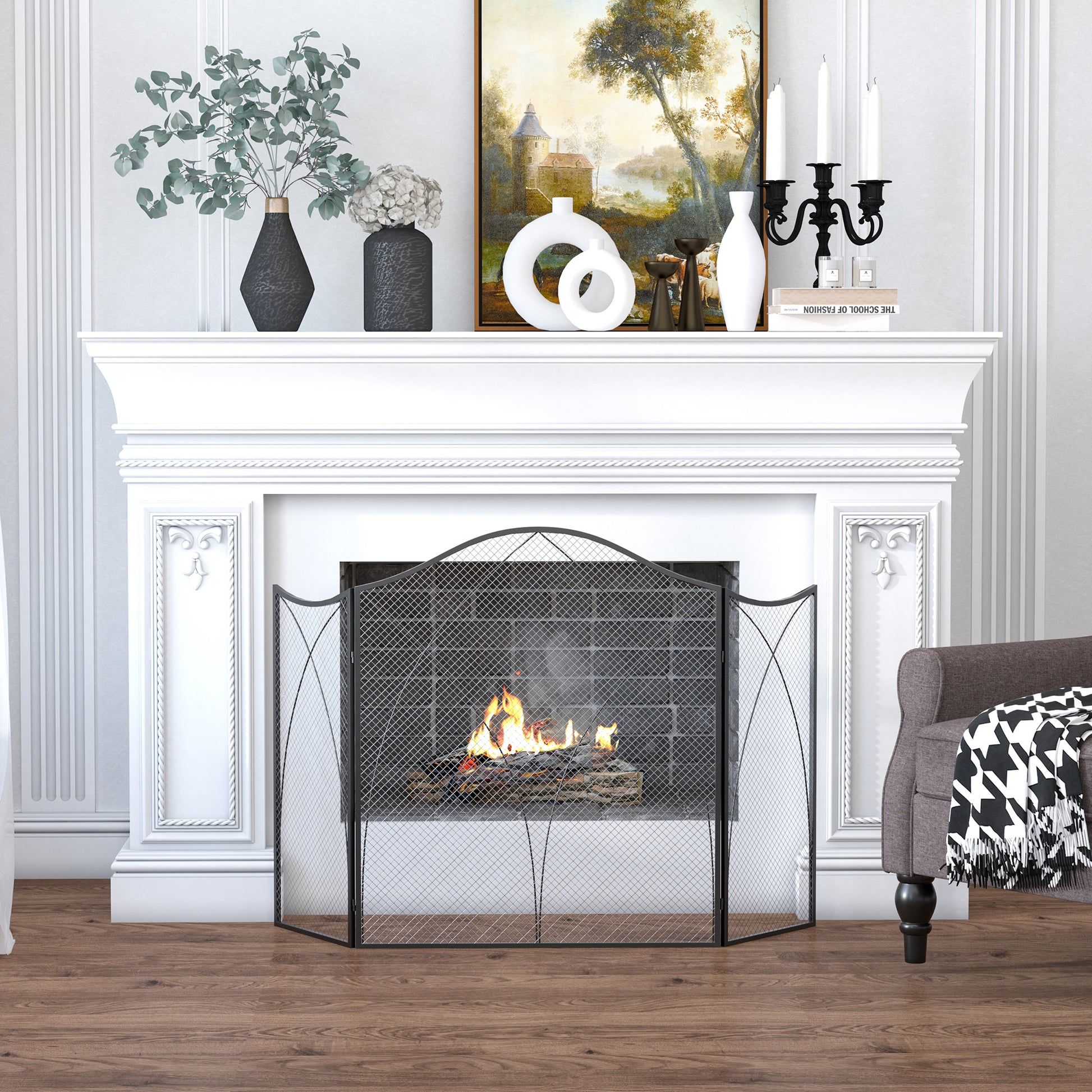 Fireplace Screen, Folding Fire Screen with 3 Panels, Hearth Guard, Spark Protection Screen for Living Room, Metal, 108 x 76 cm, Black
