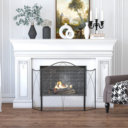 Fireplace Screen, Folding Fire Screen with 3 Panels, Hearth Guard, Spark Protection Screen for Living Room, Metal, 108 x 76 cm, Black