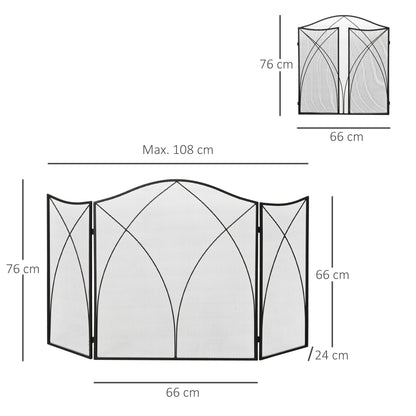 Fireplace Screen, Folding Fire Screen with 3 Panels, Hearth Guard, Spark Protection Screen for Living Room, Metal, 108 x 76 cm, Black