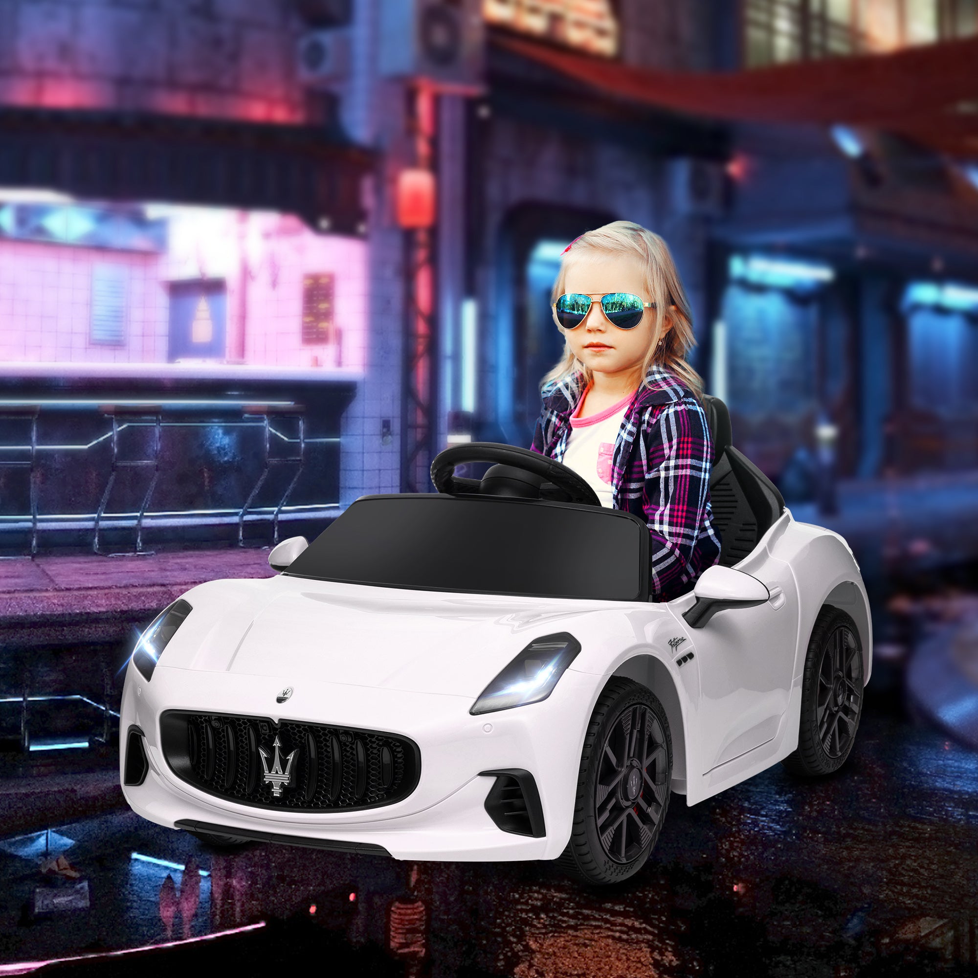 Electric Car for Kids 3+ Years Maserati Gran Turismo Folgore 2 Powerful Motors Electric Car with 12V Battery Speed 3-5 km/h Remote Control 2.4G Headlights Horn and MP3 White