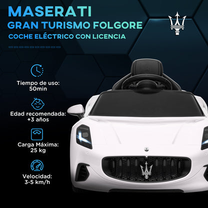 Electric Car for Kids 3+ Years Maserati Gran Turismo Folgore 2 Powerful Motors Electric Car with 12V Battery Speed 3-5 km/h Remote Control 2.4G Headlights Horn and MP3 White