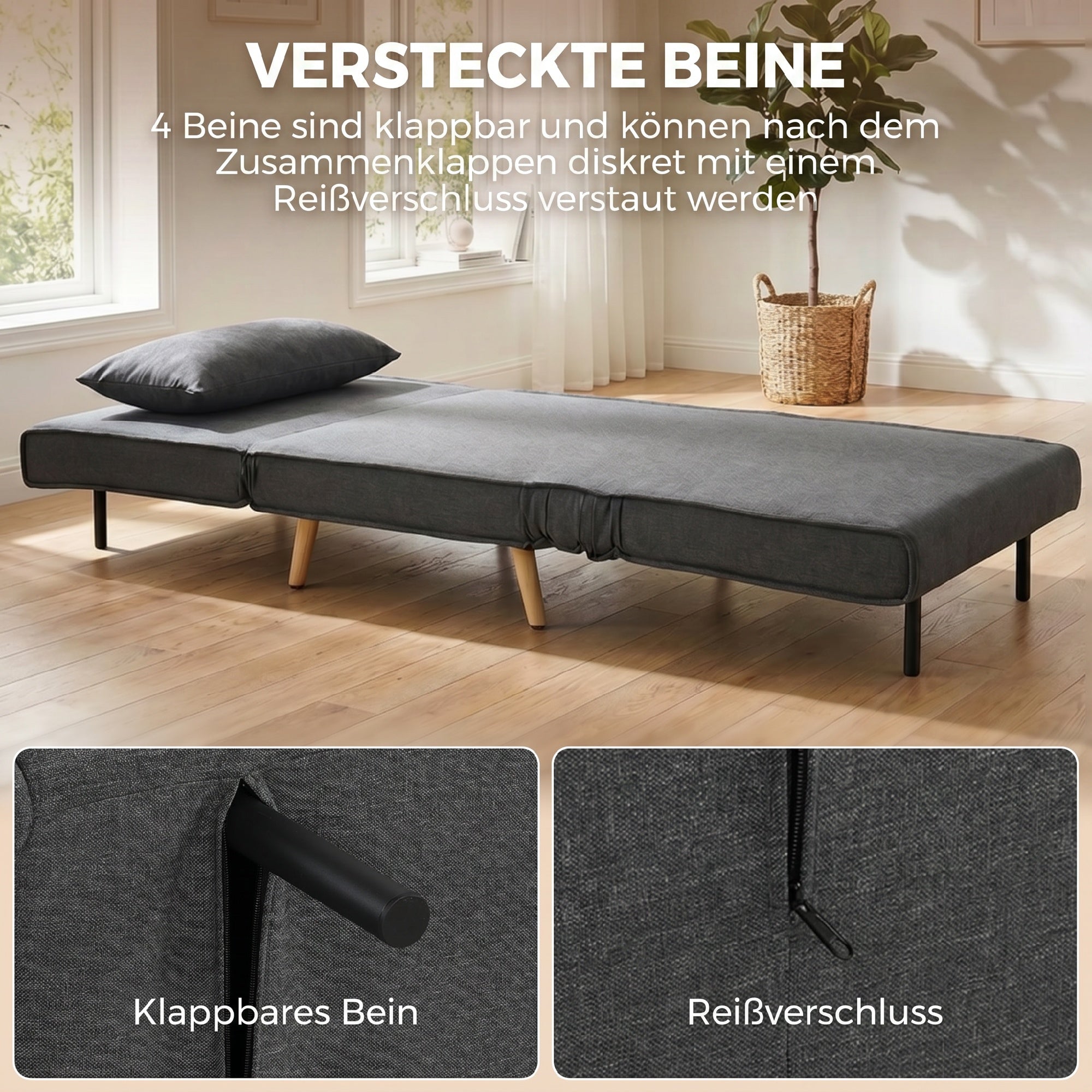 3-in-1 Sleeper Chair with Fold-Out Bed, Converts to 190 x 63 cm Single Bed, Adjustable Recline, Metal Legs, Lumbar Pillow, Linen-Look Grey