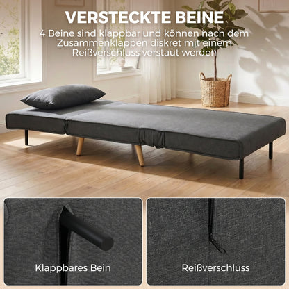 3-in-1 Sleeper Chair with Fold-Out Bed, Converts to 190 x 63 cm Single Bed, Adjustable Recline, Metal Legs, Lumbar Pillow, Linen-Look Grey