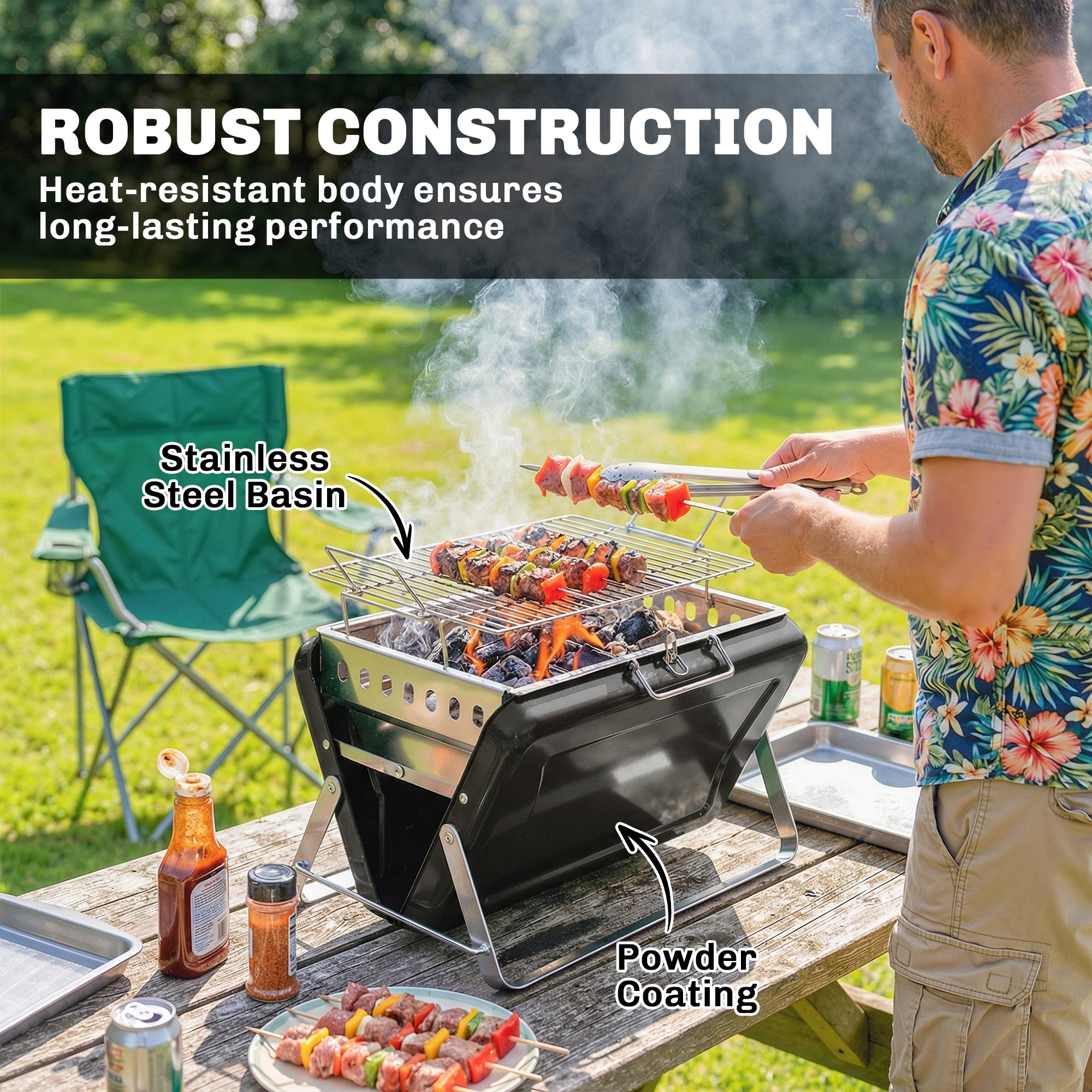Stainless Steel Charcoal BBQ Smoker with Cooking Grate — Portable Carry Handle, Folding Legs, Charcoal Stand Grill for Barbecue, Camping, Patio & Garden, 15.7 x 11.0 x 10.0 in, Black