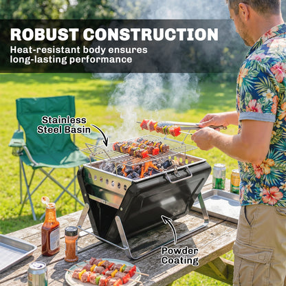 Stainless Steel Charcoal BBQ Smoker with Cooking Grate — Portable Carry Handle, Folding Legs, Charcoal Stand Grill for Barbecue, Camping, Patio & Garden, 15.7 x 11.0 x 10.0 in, Black