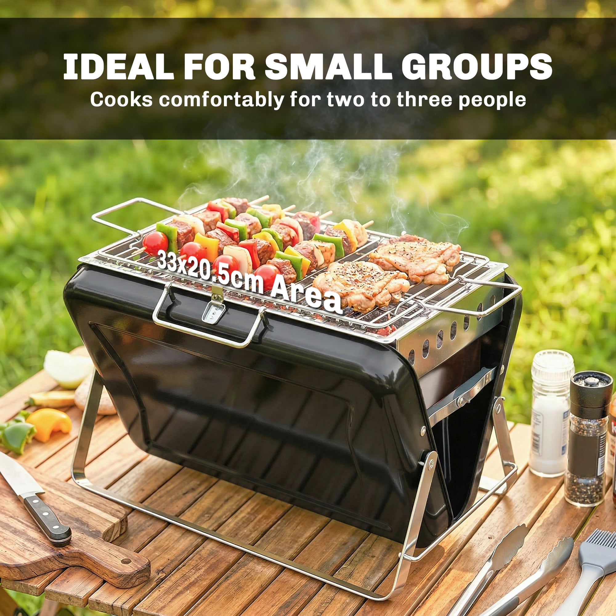 Stainless Steel Charcoal BBQ Smoker with Cooking Grate — Portable Carry Handle, Folding Legs, Charcoal Stand Grill for Barbecue, Camping, Patio & Garden, 15.7 x 11.0 x 10.0 in, Black