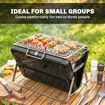 Stainless Steel Charcoal BBQ Smoker with Cooking Grate — Portable Carry Handle, Folding Legs, Charcoal Stand Grill for Barbecue, Camping, Patio & Garden, 15.7 x 11.0 x 10.0 in, Black