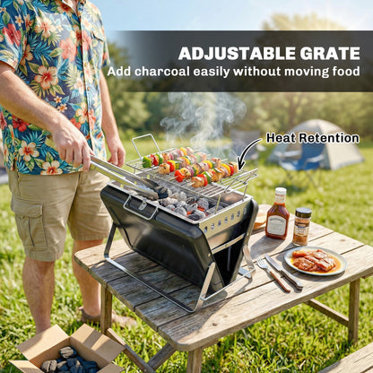 Stainless Steel Charcoal BBQ Smoker with Cooking Grate — Portable Carry Handle, Folding Legs, Charcoal Stand Grill for Barbecue, Camping, Patio & Garden, 15.7 x 11.0 x 10.0 in, Black