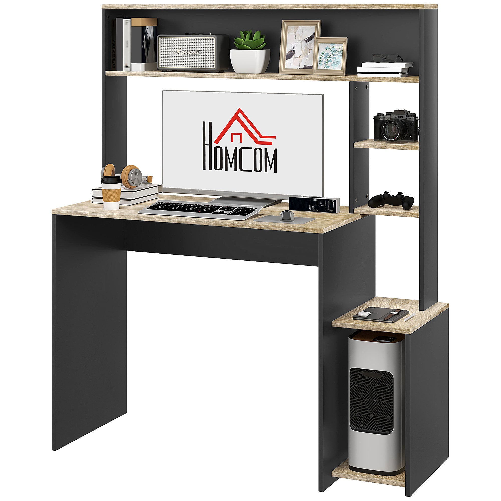 Desk with Shelves Modern Computer Desk with Monitor Stand CPU Office Study 114x45x138 cm Gray and Natural