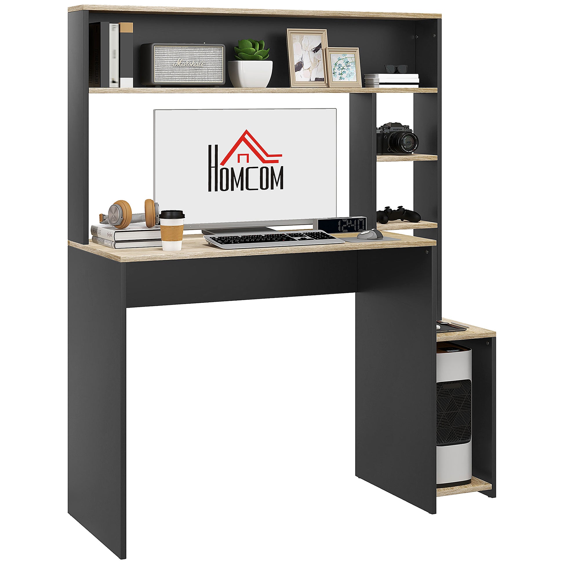 Desk with Shelves Modern Computer Desk with Monitor Stand CPU Office Study 114x45x138 cm Gray and Natural