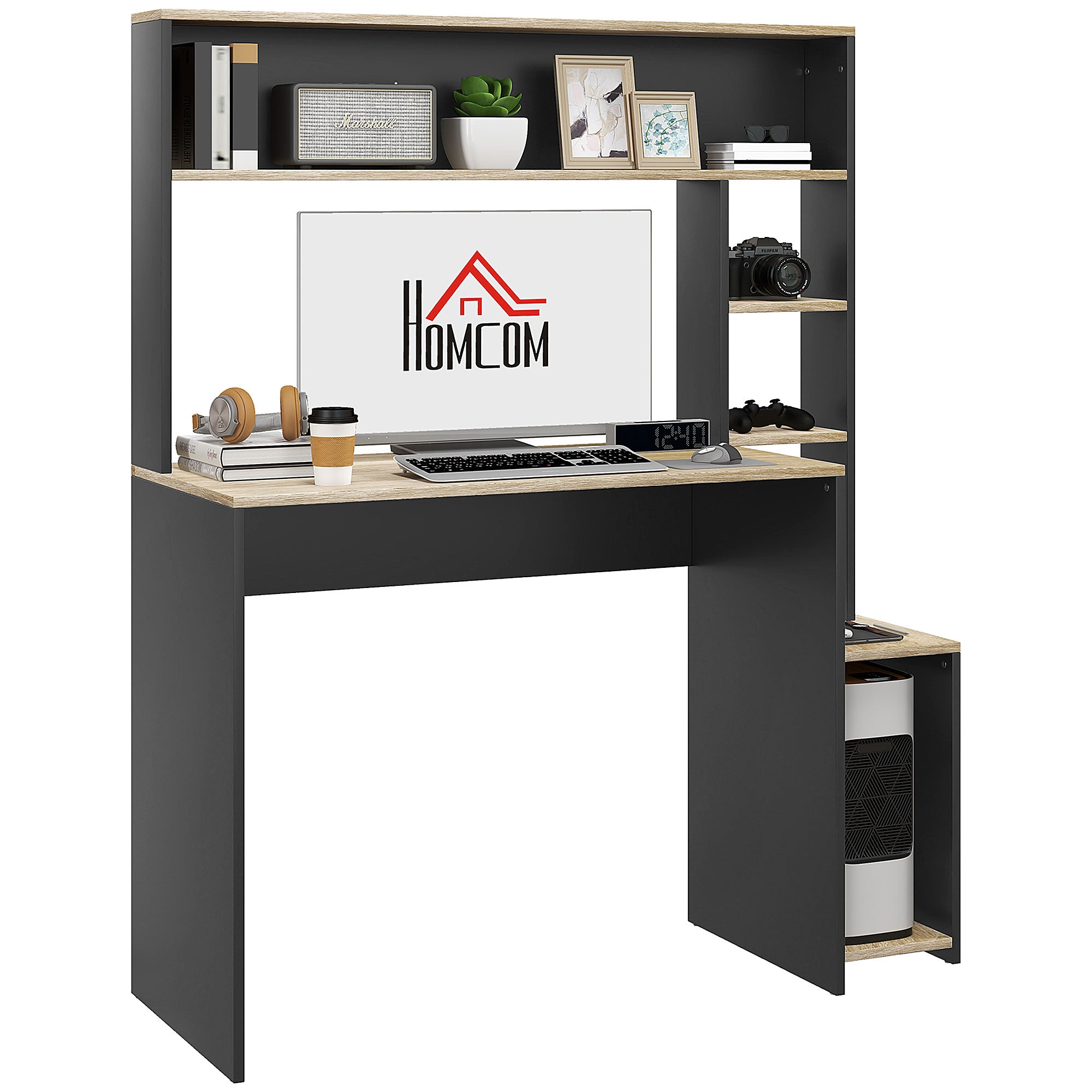 Desk with Shelves Modern Computer Desk with Monitor Stand CPU Office Study 114x45x138 cm Gray and Natural
