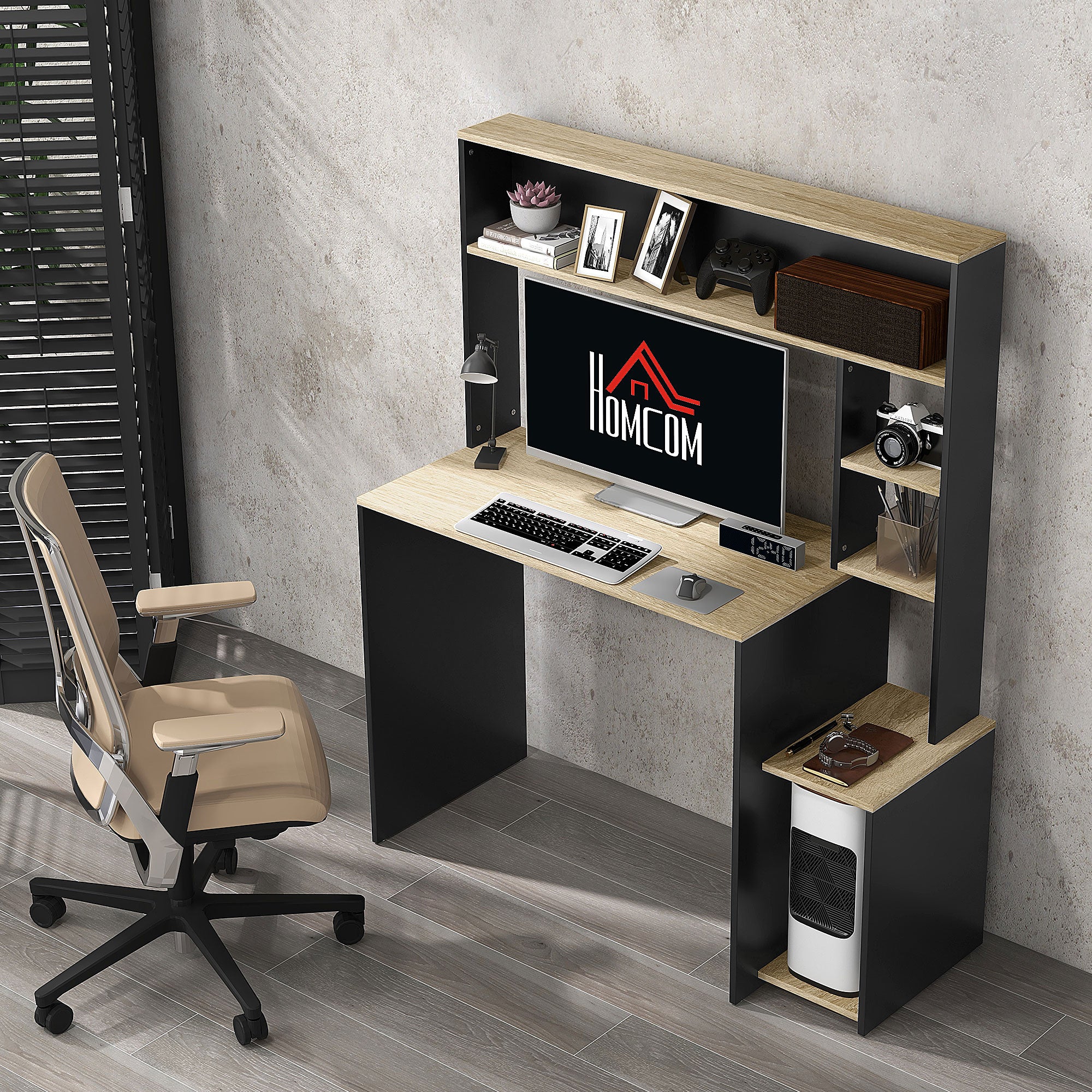 Desk with Shelves Modern Computer Desk with Monitor Stand CPU Office Study 114x45x138 cm Gray and Natural