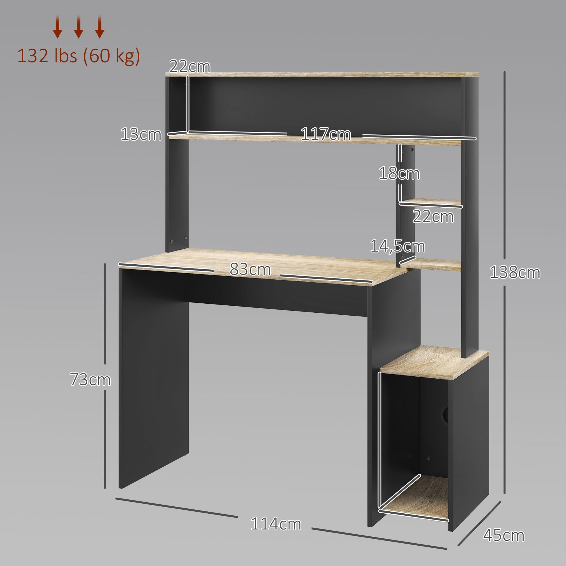 Desk with Shelves Modern Computer Desk with Monitor Stand CPU Office Study 114x45x138 cm Gray and Natural