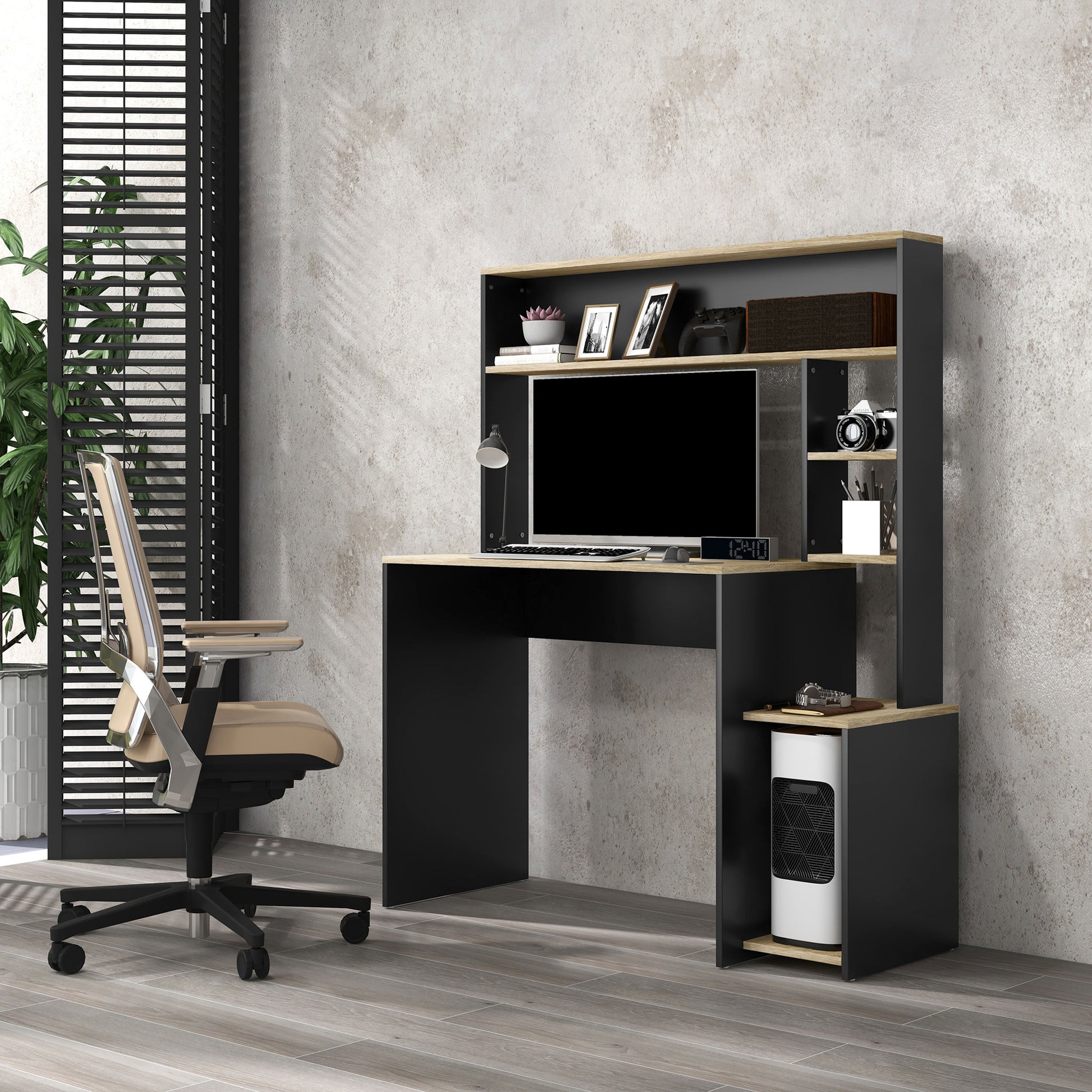 Desk with Shelves Modern Computer Desk with Monitor Stand CPU Office Study 114x45x138 cm Gray and Natural