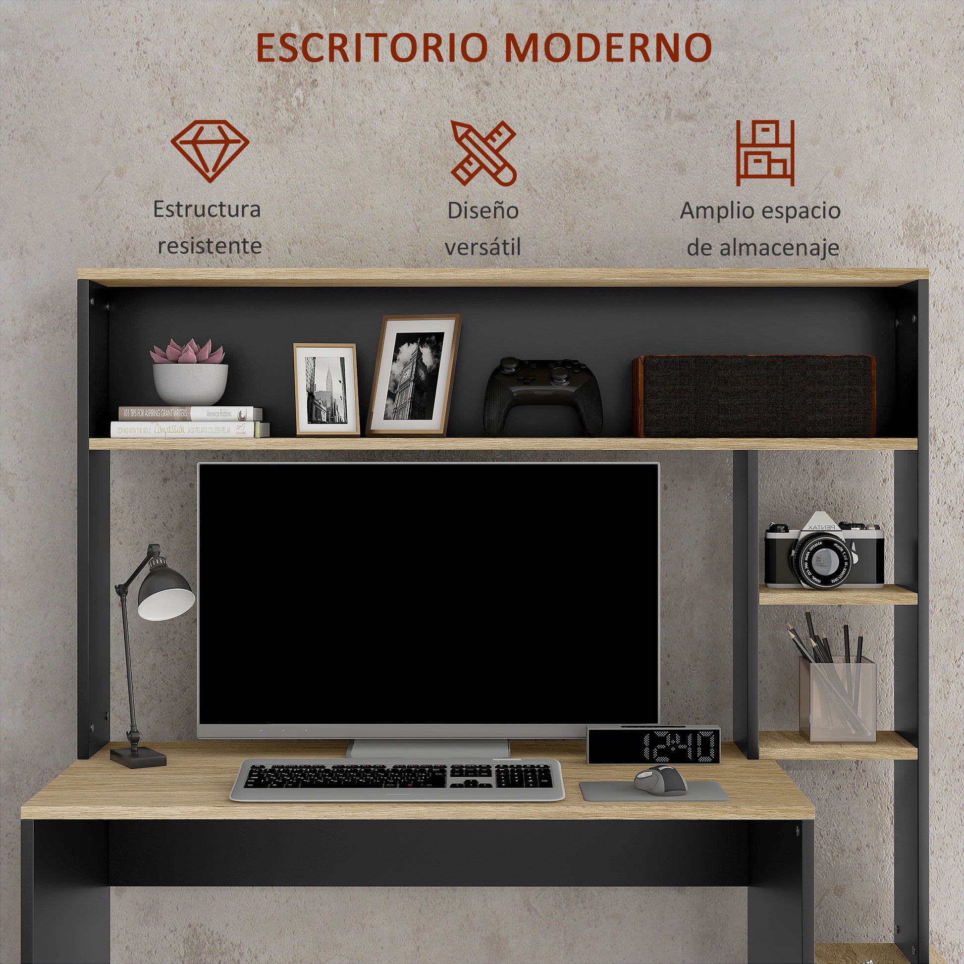 Desk with Shelves Modern Computer Desk with Monitor Stand CPU Office Study 114x45x138 cm Gray and Natural