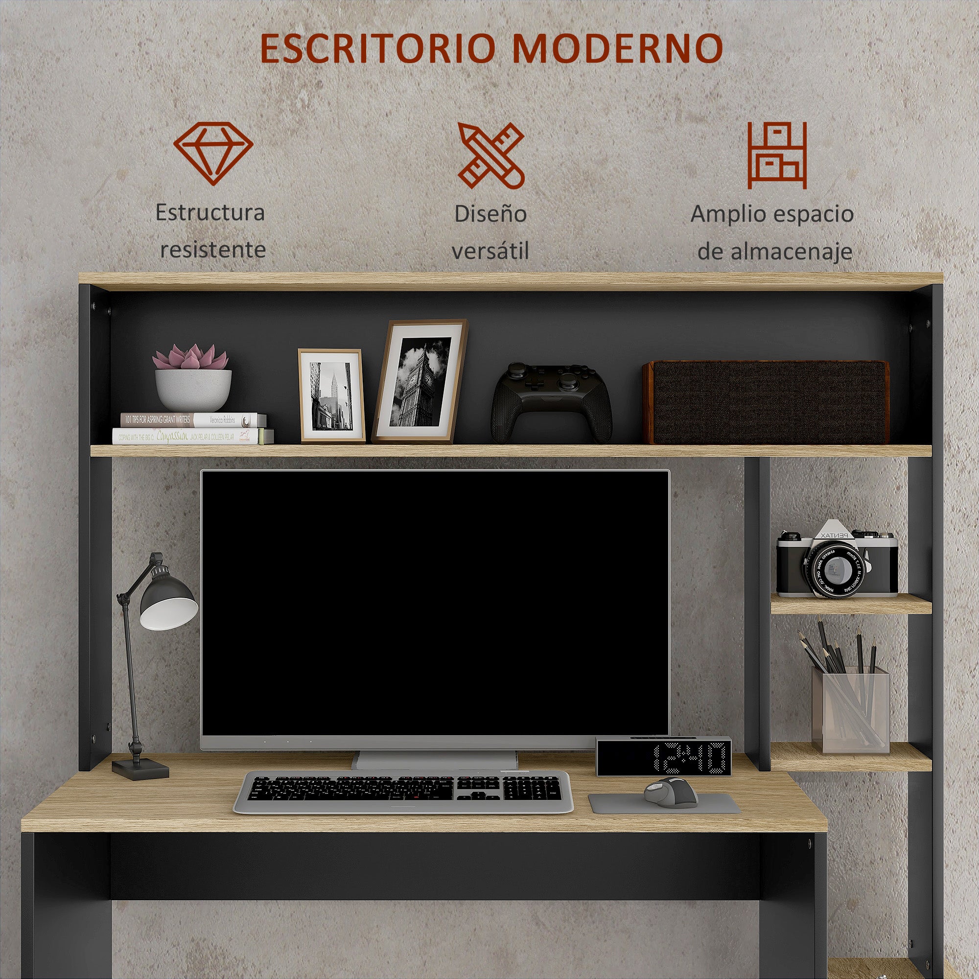 Desk with Shelves Modern Computer Desk with Monitor Stand CPU Office Study 114x45x138 cm Gray and Natural