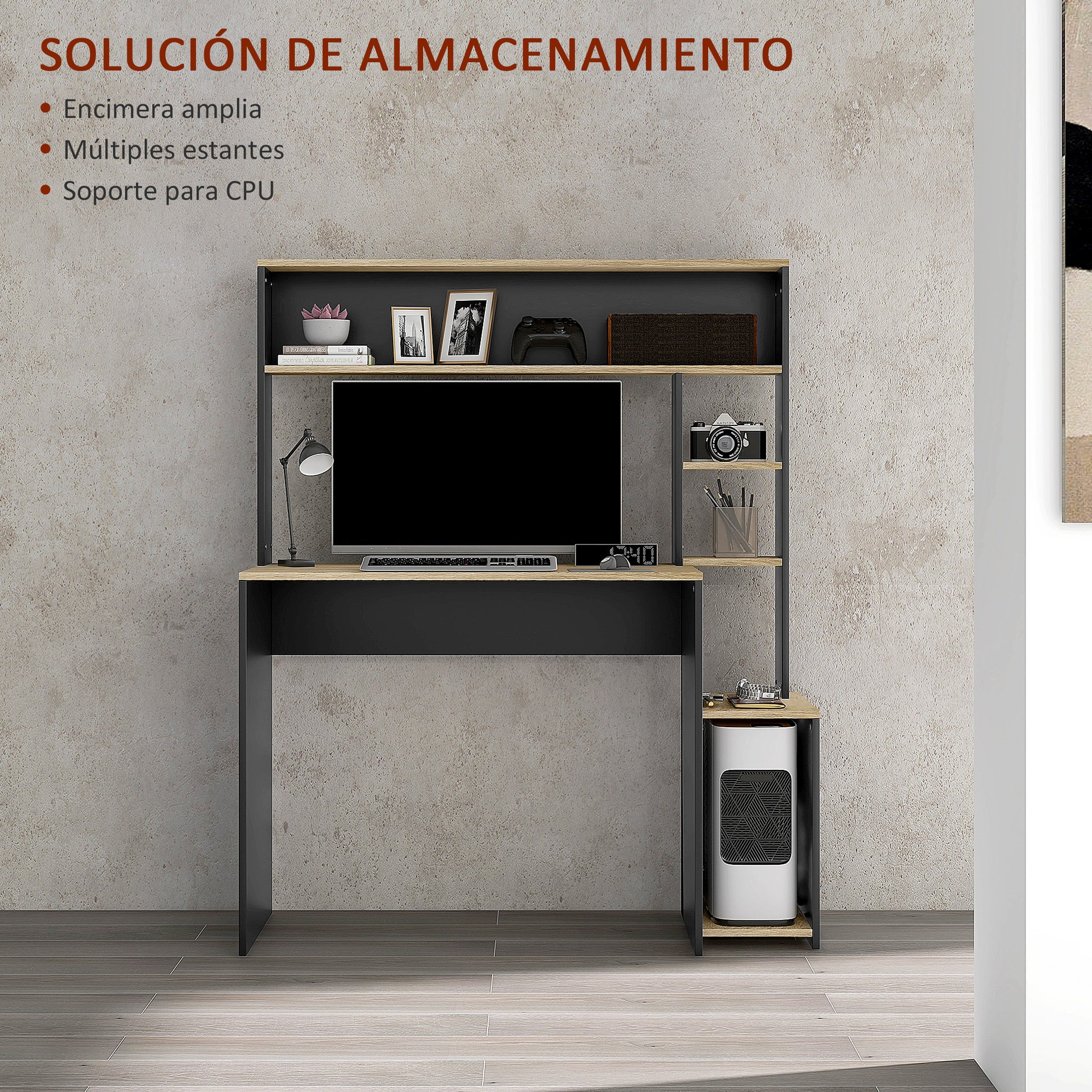 Desk with Shelves Modern Computer Desk with Monitor Stand CPU Office Study 114x45x138 cm Gray and Natural