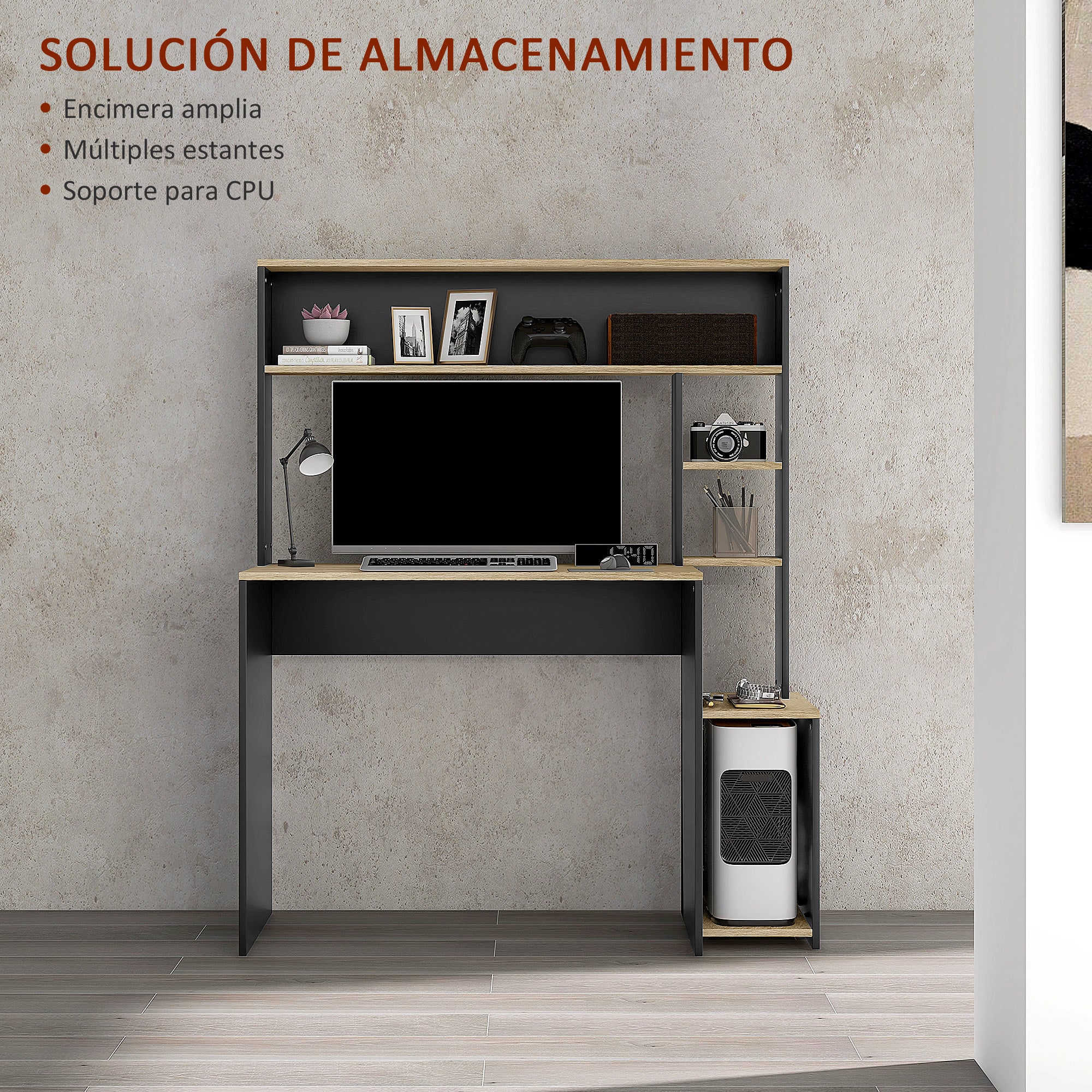 Desk with Shelves Modern Computer Desk with Monitor Stand CPU Office Study 114x45x138 cm Gray and Natural