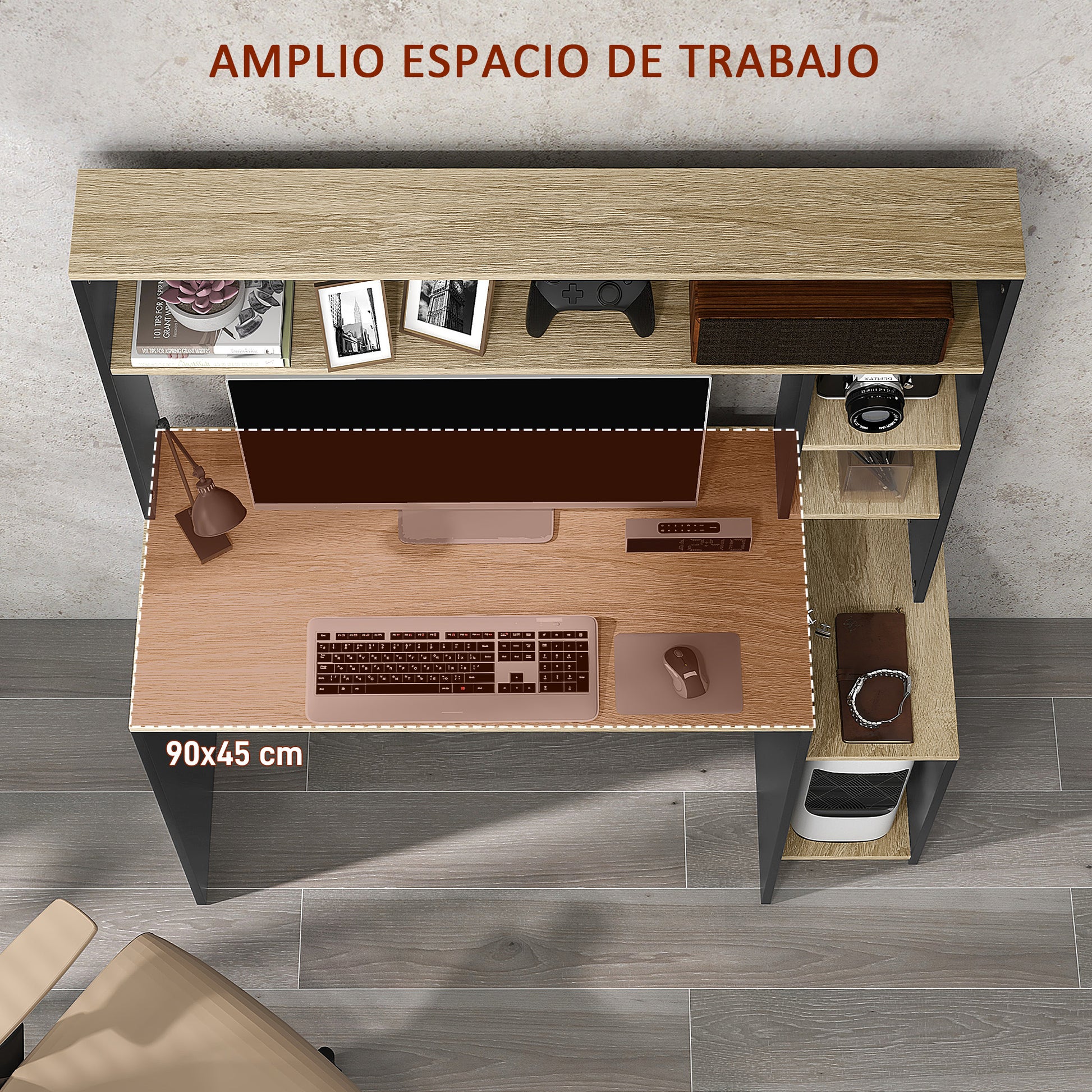 Desk with Shelves Modern Computer Desk with Monitor Stand CPU Office Study 114x45x138 cm Gray and Natural