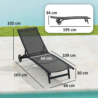 Sunbed with Wheels, Aluminum Garden Lounger with 5-position adjustable backrest, weatherproof camping bed, garden chair up to 150 kg load capacity, for garden holidays, beach, pool, Black