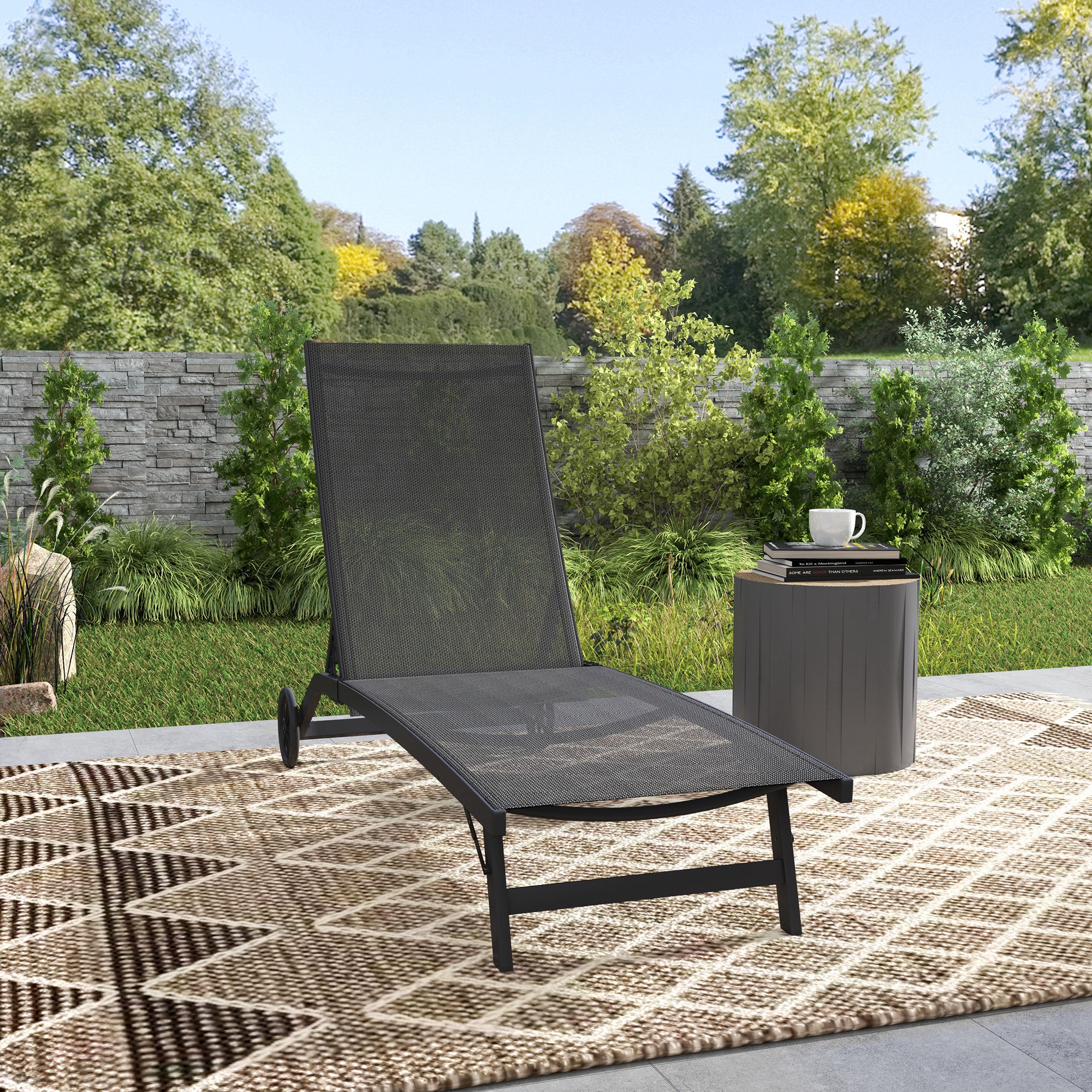Sunbed with Wheels, Aluminum Garden Lounger with 5-position adjustable backrest, weatherproof camping bed, garden chair up to 150 kg load capacity, for garden holidays, beach, pool, Black